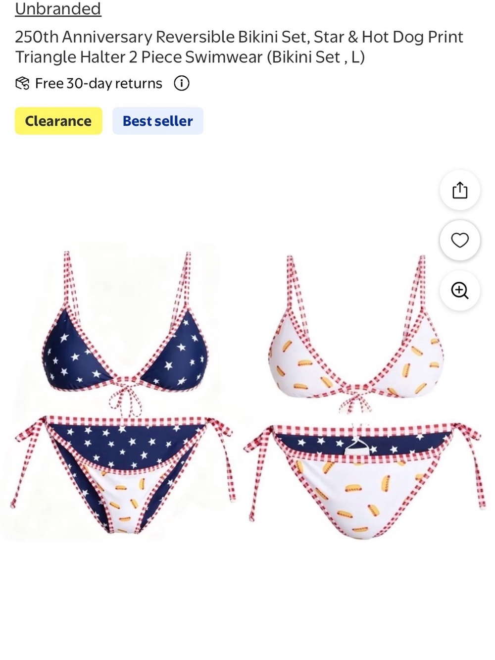 Reversible Star & Hot Dog Print Triangle Bikini Set - Navy & White